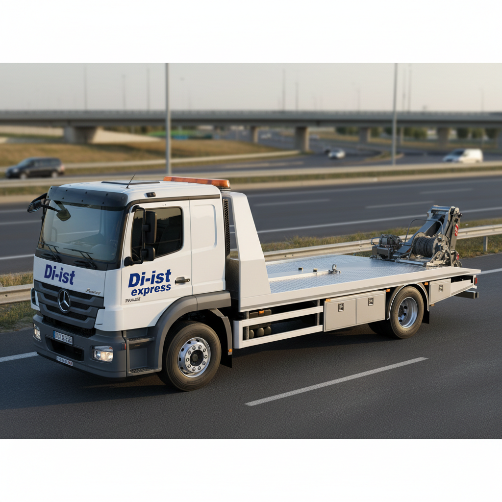A powerful modern oto çeker tow truck with a glossy white cab and deep blue branding reading “Di-ist express” along the side, parked at a slight angle on a clean asphalt road shoulder. Its steel flatbed glistens, hydraulic arms neatly folded, heavy-duty winch cable coiled precisely at the rear. Soft late-afternoon natural light creates crisp reflections on the polished metal and subtle shadows under the vehicle. In the blurred background, a calm city ring road and distant overpass suggest intercity transport. Photographic realism with a clean, professional aesthetic, shot at eye level with a moderate depth of field, conveying reliability, order, and dependable araç taşıma service.