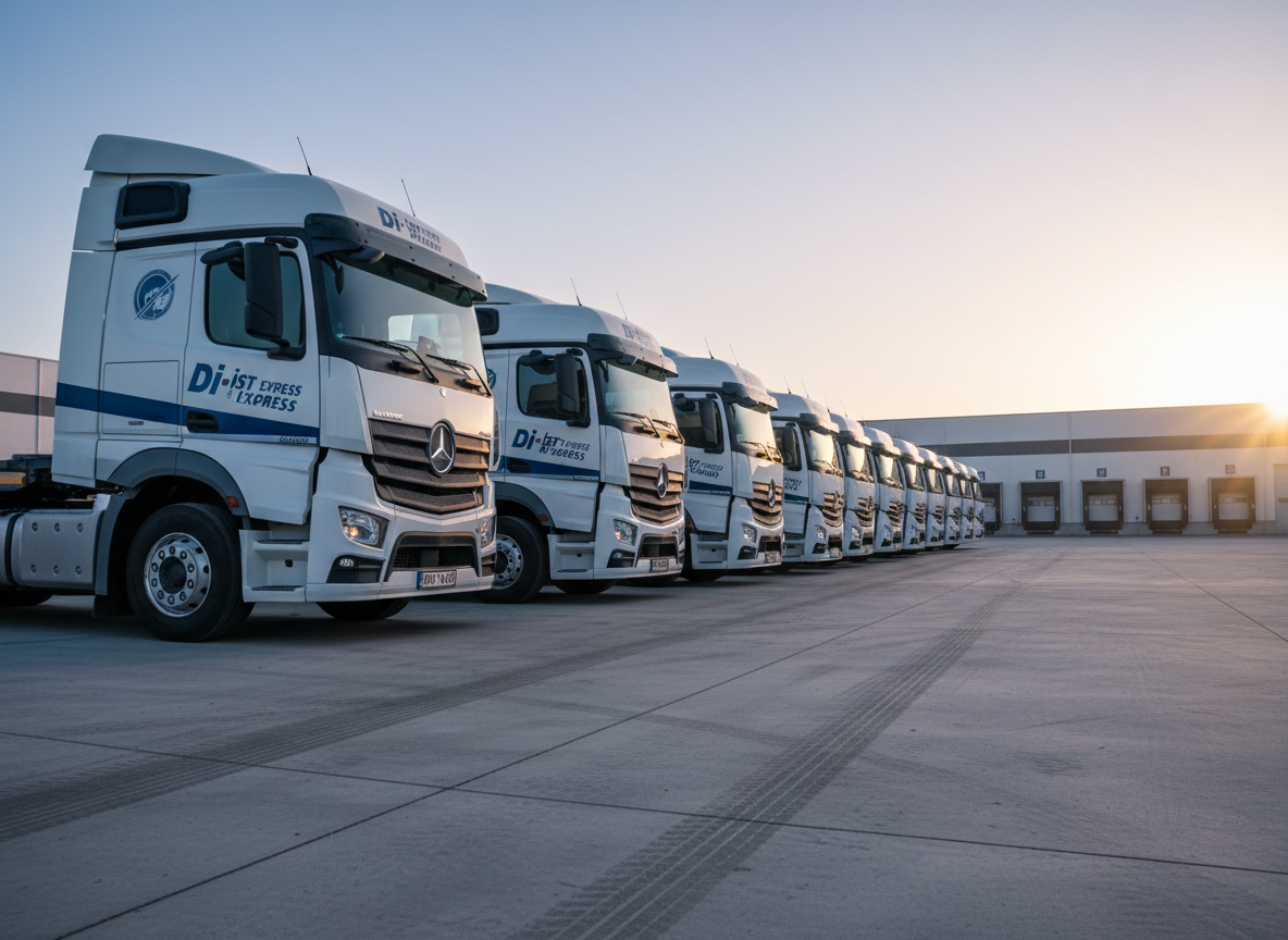 An organized Di-ist express araç taşıma operations yard at dawn, featuring a row of pristine oto çekici trucks aligned diagonally toward the camera. Each truck has matching white and blue livery, spotless windshields, and polished chrome details catching the first soft, cool morning light. The concrete yard is dry and clean, faint tire tracks leading toward a simple warehouse in the background, slightly out of focus. A low-angle, wide composition emphasizes scale and fleet readiness, with a calm, confident atmosphere. Photographic realism and a clean, modern style highlight reliability, capacity, and the professionalism of a well-managed towing and transport business.