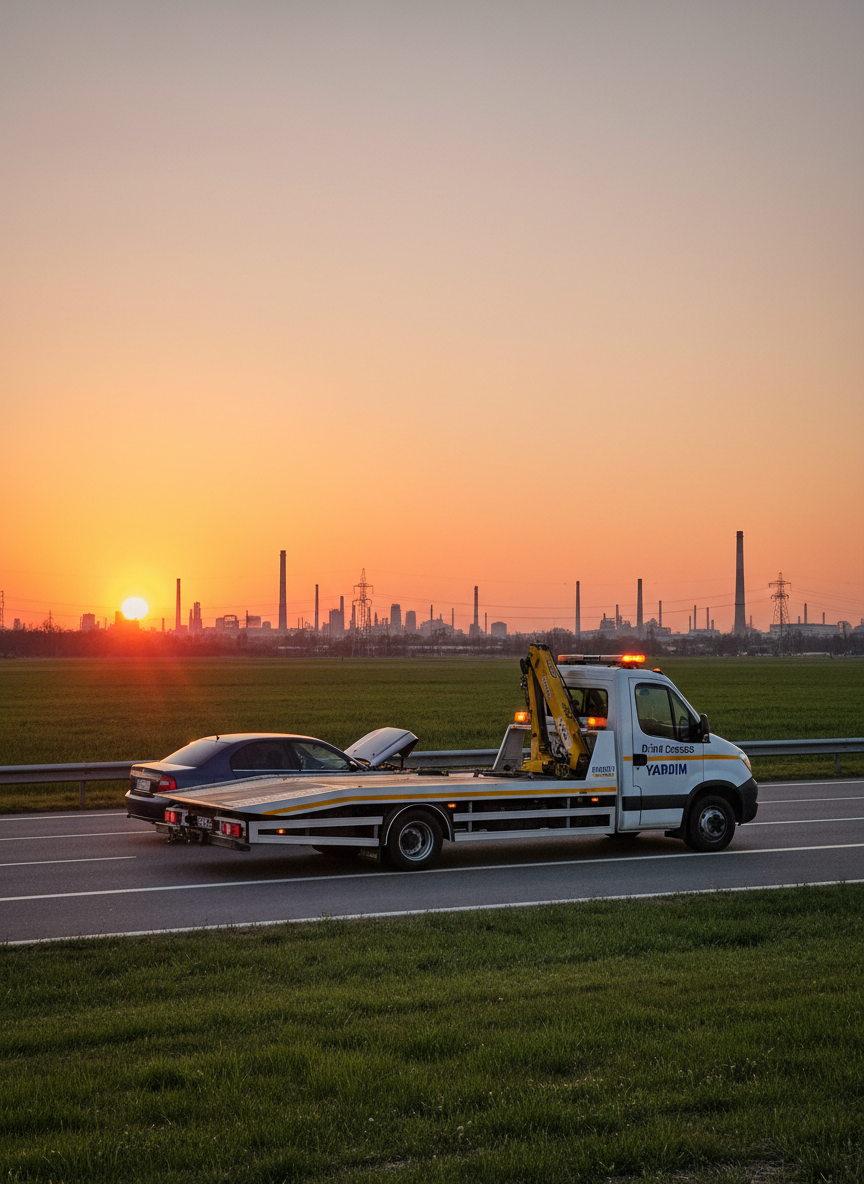 A wide-angle, roadside scene featuring a Di-ist express oto çeker positioned in front of a disabled dark-blue sedan, the sedan’s hazard lights faintly glowing. The tow truck’s amber beacons are off, giving a calm, controlled atmosphere. The setting is a smooth highway lay-by bordered by trimmed grass and a distant industrial skyline. Golden hour sunlight bathes the vehicles, creating warm reflections on glass and metal, while long, gentle shadows stretch across the asphalt. The composition uses the rule of thirds, with the tow truck prominently in the foreground and the car slightly behind, in sharp photographic realism, conveying professionalism, reassurance, and efficient response without any visible people.