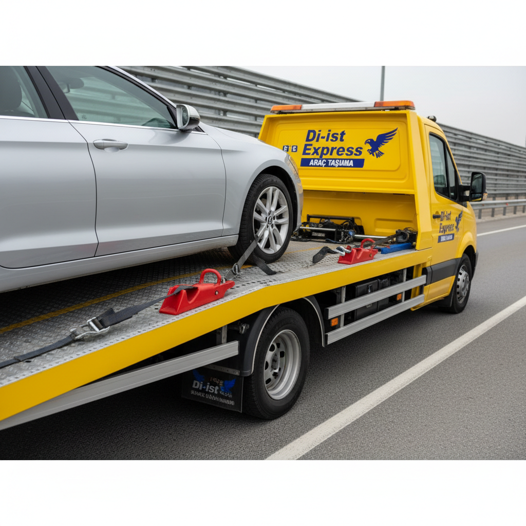 A close-up, three-quarter view of a Di-ist express branded flatbed oto çekici loading a mid-size silver car onto its platform. The bright yellow steel bed with textured anti-slip surface tilts smoothly, thick straps and wheel chocks ready in meticulous arrangement. The scene is set on a quiet, well-marked roadside with clear lane lines and a metal safety barrier fading into soft focus. Overcast daylight provides diffused, shadow-free lighting that emphasizes details of the equipment. Photographic realism with a professional, technical mood, shot from a slightly low angle to highlight the machinery’s strength and precision, perfect for showcasing safe, controlled araç taşıma.