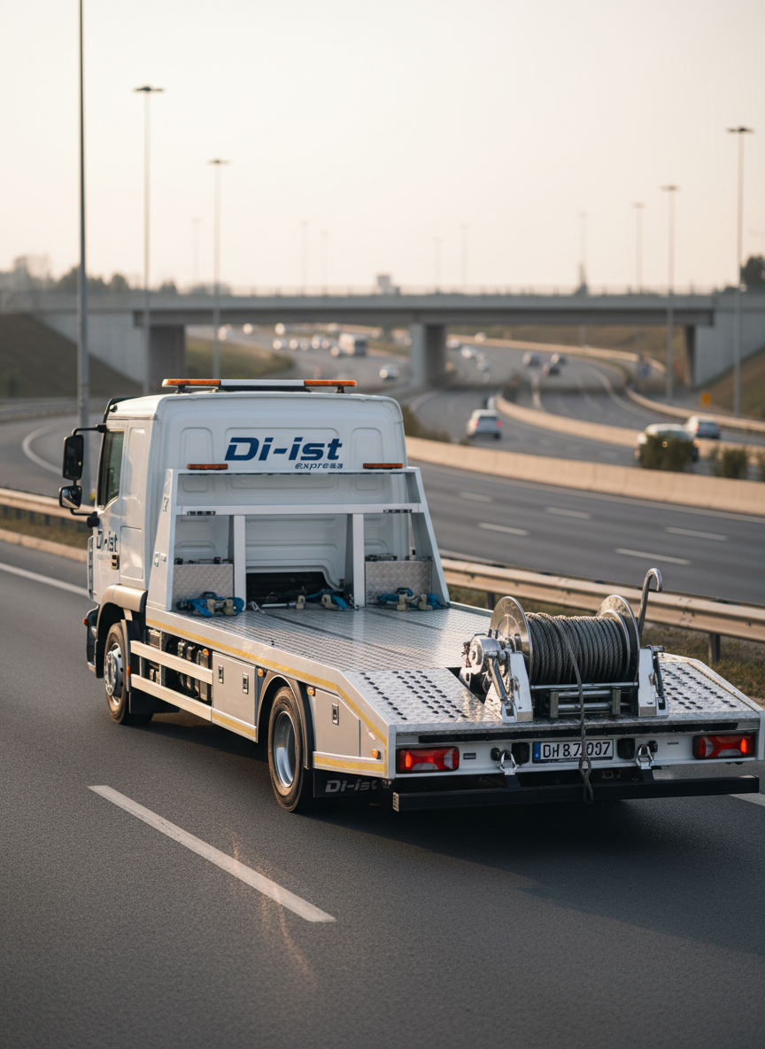 A powerful modern oto çeker tow truck with a glossy white cab and deep blue branding reading “Di-ist express” along the side, parked at a slight angle on a clean asphalt road shoulder. Its steel flatbed glistens, hydraulic arms neatly folded, heavy-duty winch cable coiled precisely at the rear. Soft late-afternoon natural light creates crisp reflections on the polished metal and subtle shadows under the vehicle. In the blurred background, a calm city ring road and distant overpass suggest intercity transport. Photographic realism with a clean, professional aesthetic, shot at eye level with a moderate depth of field, conveying reliability, order, and dependable araç taşıma service.