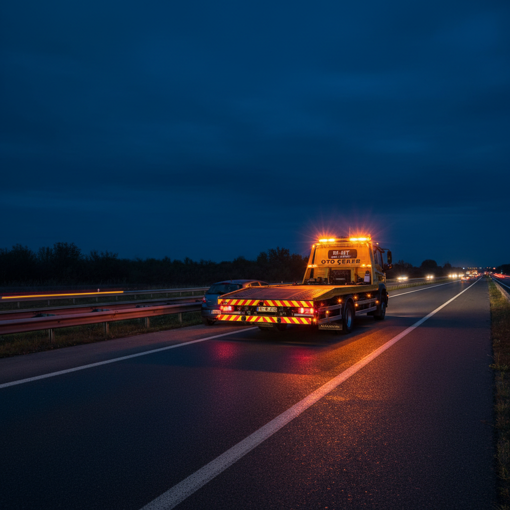 A night-time highway assistance scene showing a Di-ist express oto çeker parked on the shoulder behind a small compact car, both vehicles unoccupied. The tow truck’s amber warning lights and reflective chevrons illuminate the dark asphalt and roadside barrier with a warm, pulsating glow. Distant highway lights and passing traffic appear as soft streaks of bokeh in the background. The sky is deep navy with no stars visible. Shot from a low three-quarter angle in photographic realism, the composition emphasizes the tow truck’s presence and safety equipment, creating a secure, vigilant, and highly professional mood suitable for 7/24 araç taşıma services.