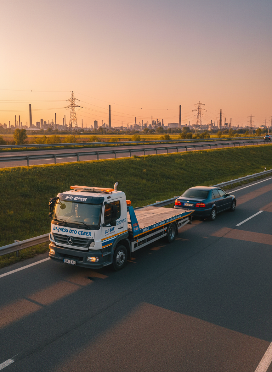 A wide-angle, roadside scene featuring a Di-ist express oto çeker positioned in front of a disabled dark-blue sedan, the sedan’s hazard lights faintly glowing. The tow truck’s amber beacons are off, giving a calm, controlled atmosphere. The setting is a smooth highway lay-by bordered by trimmed grass and a distant industrial skyline. Golden hour sunlight bathes the vehicles, creating warm reflections on glass and metal, while long, gentle shadows stretch across the asphalt. The composition uses the rule of thirds, with the tow truck prominently in the foreground and the car slightly behind, in sharp photographic realism, conveying professionalism, reassurance, and efficient response without any visible people.