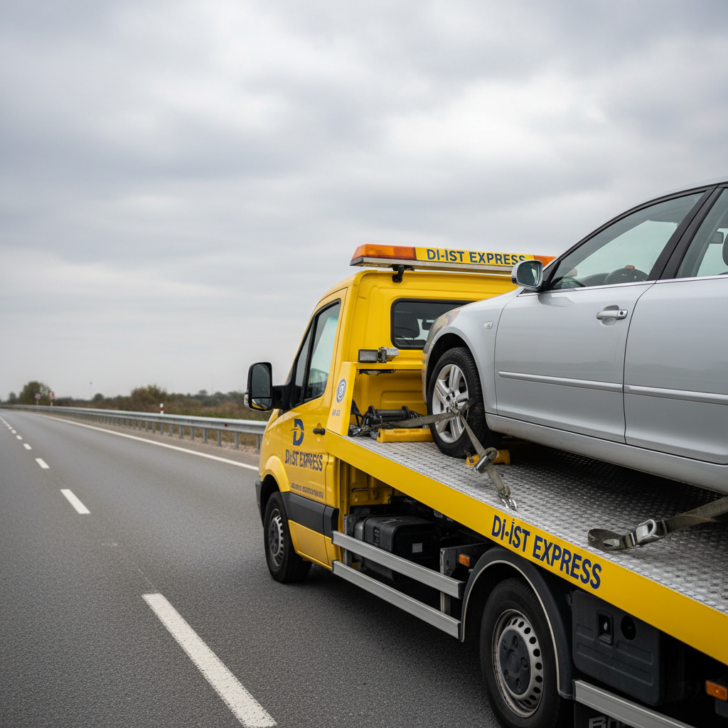 A close-up, three-quarter view of a Di-ist express branded flatbed oto çekici loading a mid-size silver car onto its platform. The bright yellow steel bed with textured anti-slip surface tilts smoothly, thick straps and wheel chocks ready in meticulous arrangement. The scene is set on a quiet, well-marked roadside with clear lane lines and a metal safety barrier fading into soft focus. Overcast daylight provides diffused, shadow-free lighting that emphasizes details of the equipment. Photographic realism with a professional, technical mood, shot from a slightly low angle to highlight the machinery’s strength and precision, perfect for showcasing safe, controlled araç taşıma.