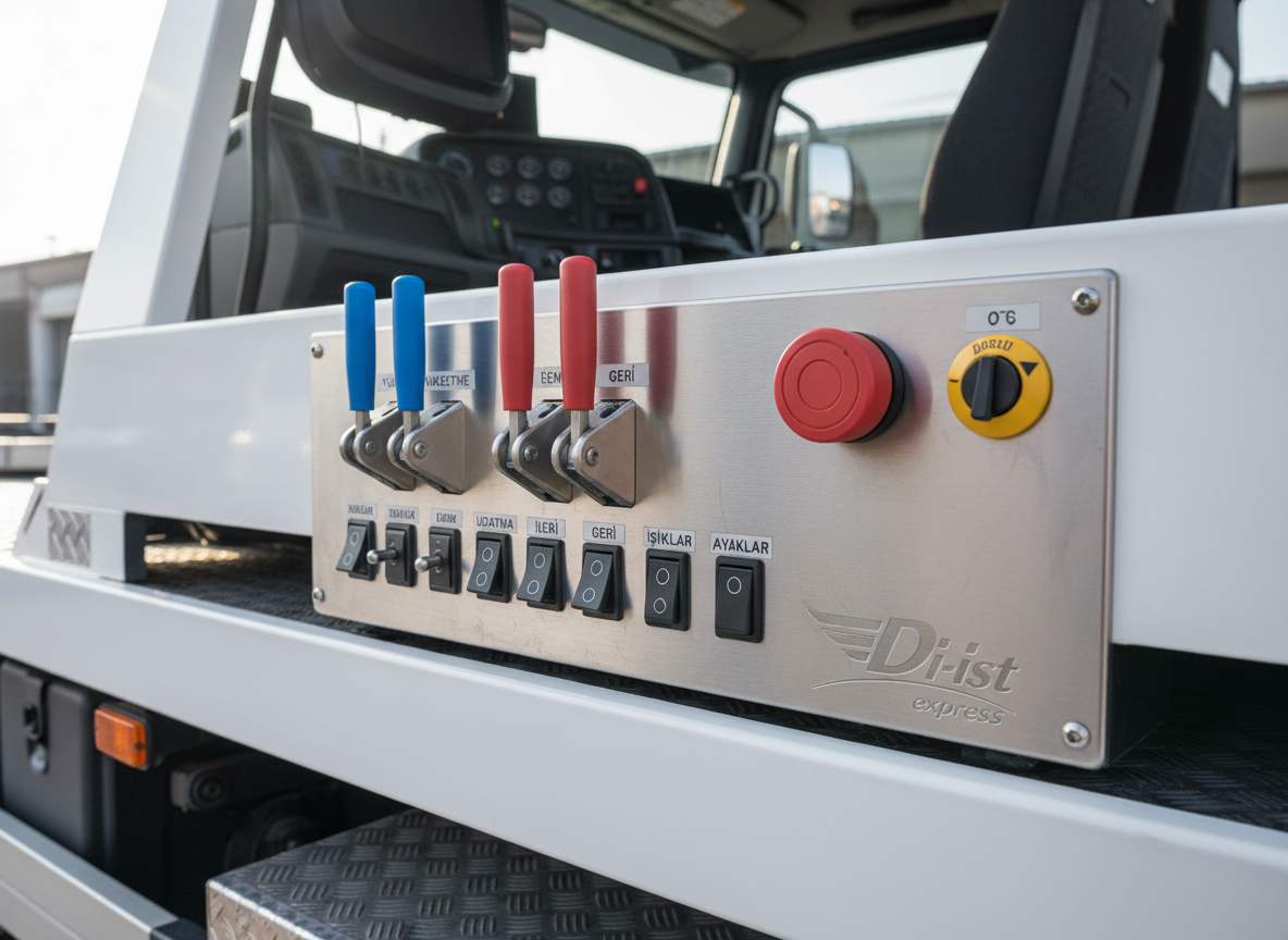 A detailed interior shot of an oto çeker’s control area, focusing on the hydraulic and winch control panel mounted on the truck’s side. Clearly labeled, color-coded levers, robust metal switches, and emergency stop buttons are arranged on a brushed steel plate with the Di-ist express logo subtly printed below. The truck’s glossy white body and textured black step platform frame the panel. Natural daylight from an open yard creates soft highlights on metal edges and gentle shadows in recessed areas. Captured close-up with shallow depth of field in photographic realism, this clean, technical composition conveys precision, safety, and the advanced equipment behind professional araç taşıma services.